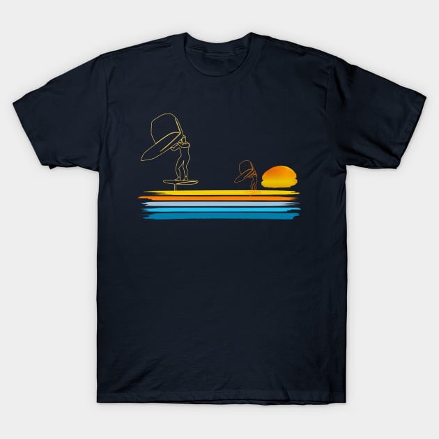 Wing foil surfers racing line art graphic T-Shirt by Surfer Dave Designs